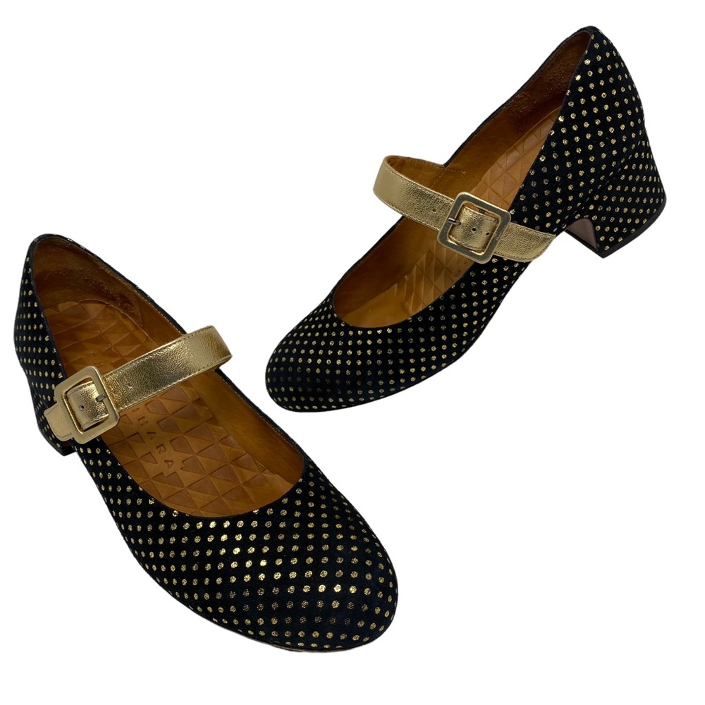 Chie Mihara Ulmer Soft Black Suede Gold Polka Dot Mary Jane Sandals 39